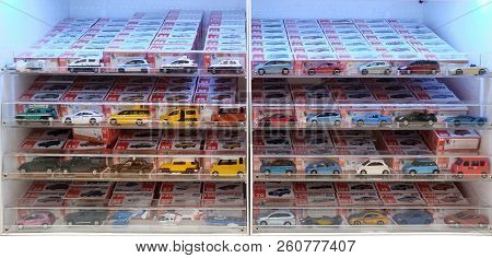 Bangkok, Thailand - September 30, 2018 : Tomica Car Toys Shelf Display In Supermarket.