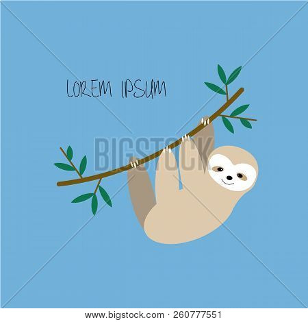Vector Cute Sloth Hanging On The Tree. Adorable Rainforest Animal Isolated On Blue Background With L