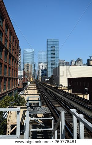Chicago Transit Elevated Subway Train Tracks, Railroad Tracks Running Eastbound Parallel Off Into Th