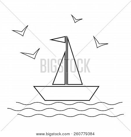 Sailing Ship With Waves And Gulls Icon Vector Illustration On White Background.