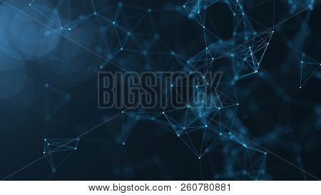 Abstract Connected Dots And Lines On Blue Background. Communication And Technology Network Concept W