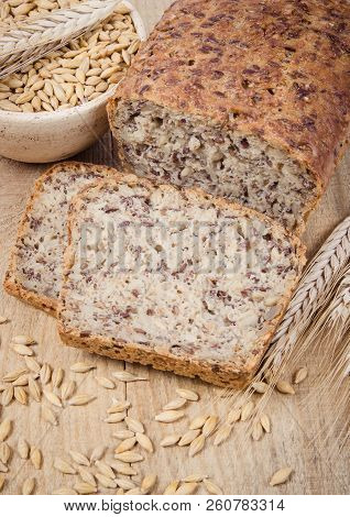 Multi-grain Bread On A Wooden Background. Healthy Food Concept.