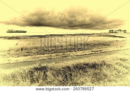 Big Ship Navigating In North Sea In Holland. Containership Is Heading For The North Sea. Vintage Sty