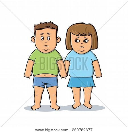 Fat Young Man And Woman. Fat Couple. Unhealthy Food And Human Body. Sad Overweight Couple. Colorful 