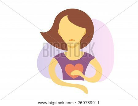 Girl Holding Hand On Her Heart Icon. Flat Vector Illustration. Isolated On White Background.