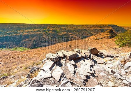 Gamla Nature Reserve Located In The Golan Heights In Israel At Sunrise. View Of The Archaeological S