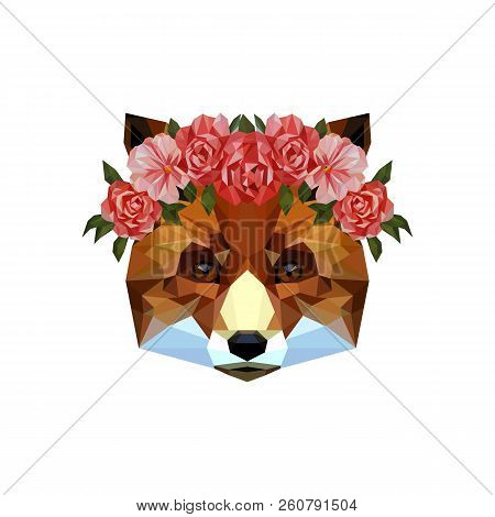 Fox Portrait With Flowers Polygon Style Vector