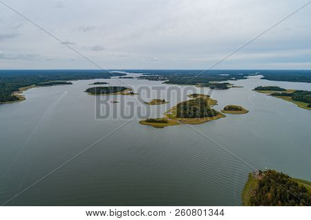 Aerial View From High Altitude Of The Archipelago Outside Tammisaari Finland On A Day Without Sunshi