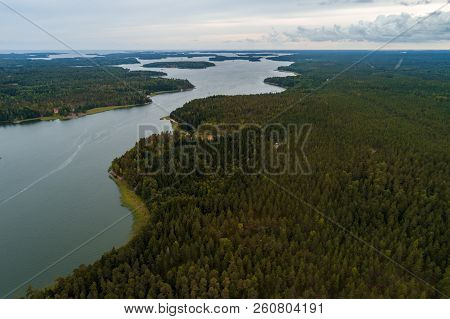 Aerial View From High Altitude Of The Forest And Archipelago Outside Tammisaari Finland On A Day Wit