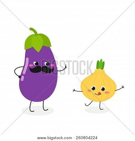 Strict Cartoon Mustached Eggplant Scolding Mischievous Cartoon Onion. Vector Flat Illustration Isola