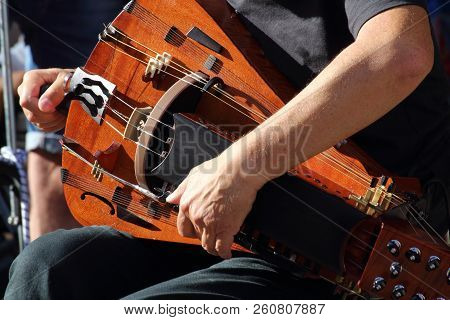 The Musician Plays The Hurdy-gurdy, Medieval Musical Instrument