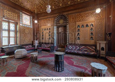 Cairo, Egypt - December 2 2017: Manial Palace Of Prince Mohammed Ali. Guests Hall With Wooden Ornate
