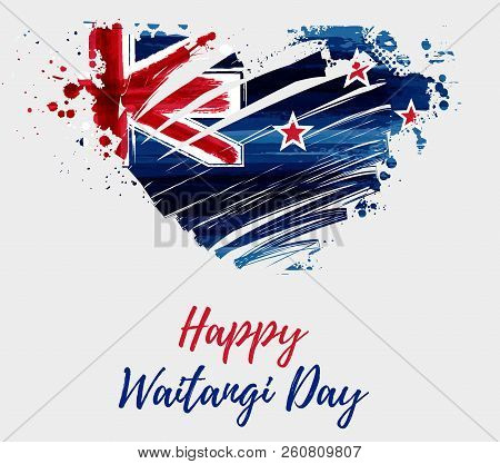 Happy Waitangi Day - New Zealand Holiday. Abstract Painted Grunge Flag Of New Zealand In Heart Shape