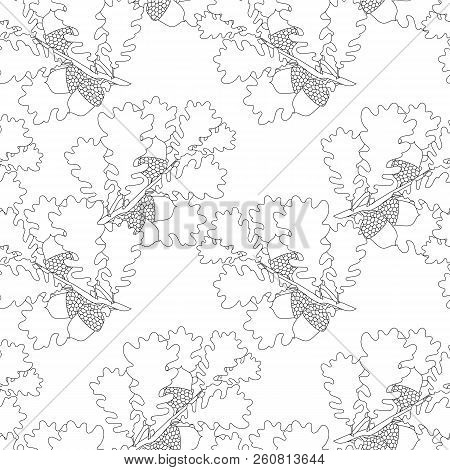 Oak Leaves, Fruits Monochrome Seamless Pattern With Black Outlines, Design Element Stock Vector Illu