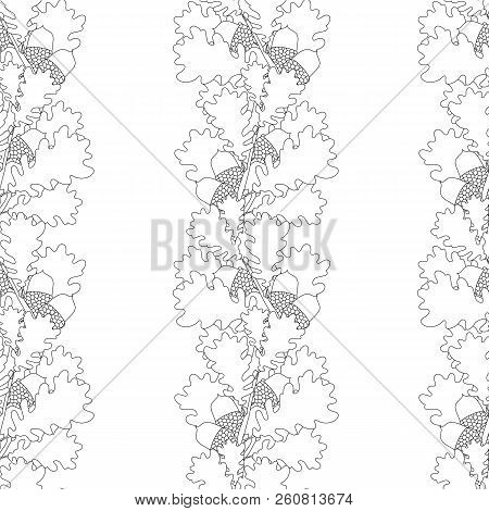 Oak Leaves, Fruits Monochrome Seamless Pattern With Black Outlines, Design Element Stock Vector Illu