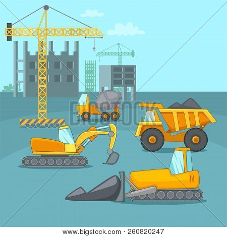 Building Process Concept Trucks. Cartoon Illustration Of Building Process Concept For Web
