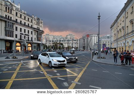 Moscow, Russia - September 22. 2018. Traffic On Theatrical Passage One Of Main Streets