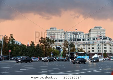 Moscow, Russia - September 22. 2018. Traffic On Teatralny Proezd One Of Main Streets