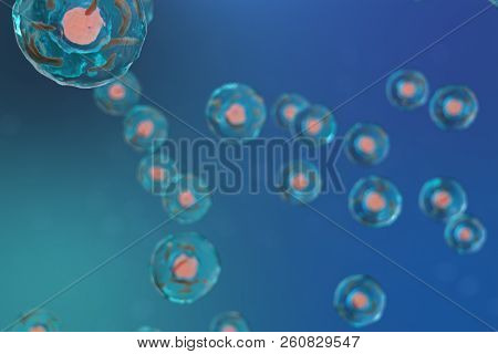 3d Illustration Cell Of A Living Organism, Scientific Concept. Illustration On A Blue Background. Th