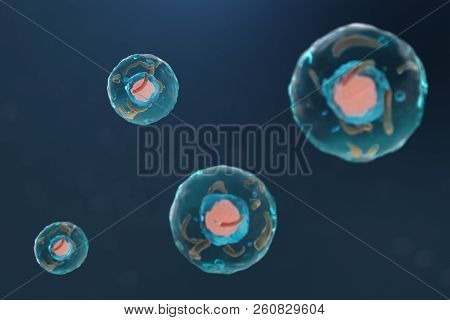 3d Illustration Cell Of A Living Organism, Scientific Concept. Illustration On A Blue Background. Th