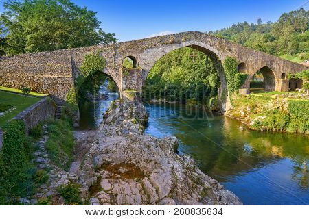 Cangas de Onis roman bridge on Sella river in Asturias of Spain