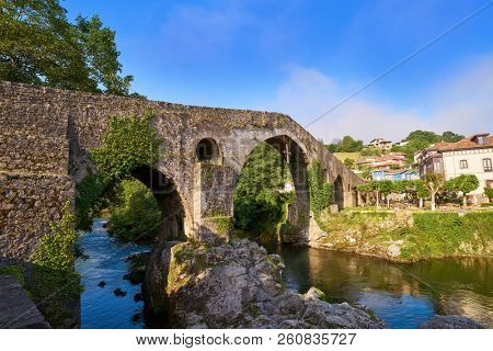 Cangas de Onis roman bridge on Sella river in Asturias of Spain