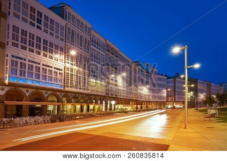 La Coruna facades sunset near Port in Galicia of Spain