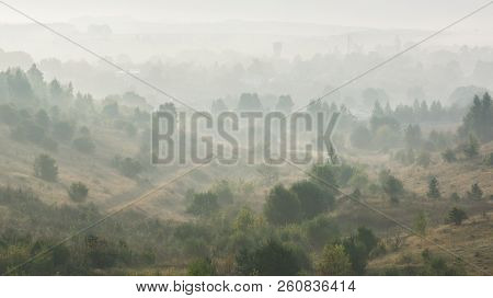 Summer Morning Landscape. Green Hills With Trees In Dence Mist At Dawn Before Sunrise Light