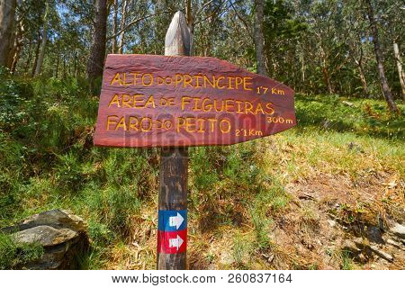 Faro Peito road sign to Lighthouse in Islas Cies islands of Vigo Spain