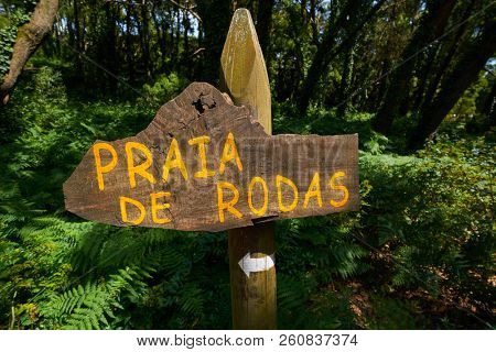 Praia de Rodas beach sign in islas Cies island in Vigo at Spain