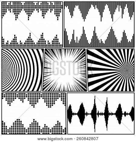 Comic Book Page Monochrome Template With Sound Audio Waves Rays Radial Circles Humor Effects. Vector