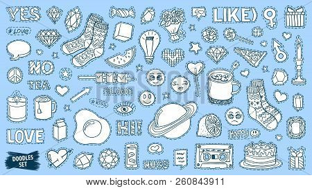 Patch Badges Set. Doodle Sketch Vector. Comic Stickers. Social Media Emoji. Pop Art. Cute And Funny 