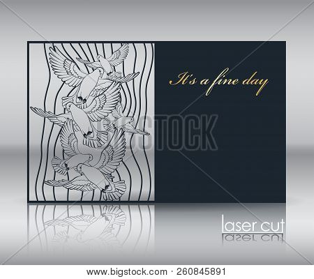 Postcard Template, Envelope For Laser Cutting. Sketch Drawing Of Flying Pigeons. Vintage Paper Cut S