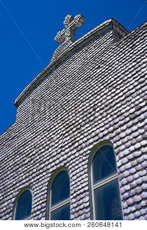 La toja island Toxa Chapel made of sea shells in Pontevedra Galicia Spain