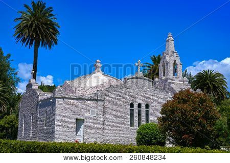 La toja island Toxa Chapel made of sea shells in Pontevedra Galicia Spain