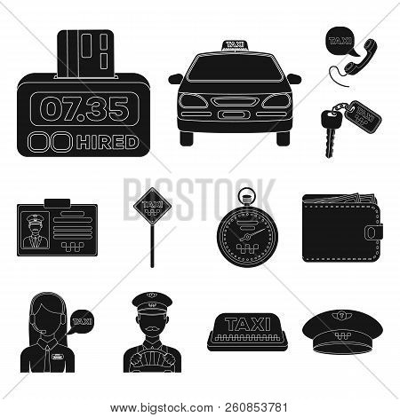 Taxi Service Black Icons In Set Collection For Design. Taxi Driver And Transport Vector Symbol Stock