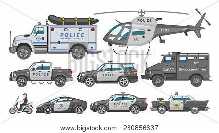 Police Car Vector Policy Vehicle Or Helicopter And Policeman On Motorbike Illustration Set Of Police