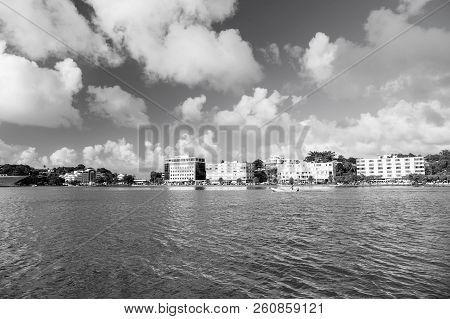 Sea Beach With Buildings On Cloudy Blue Sky In Castries, St.lucia. Summer Vacation On Tropical Islan