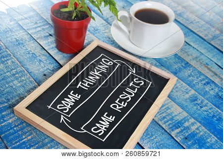 Same Thinking Same Results Words Letter, Written On Blackboard, Work Desk Top View. Motivational Sel