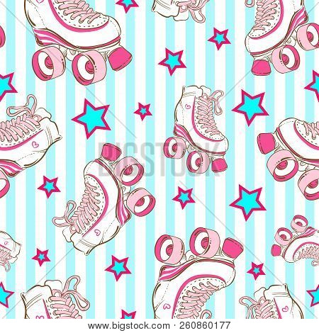 Vector Seamless Pattern With Cute Retro Roller Skates On Blue Striped Background With Stars