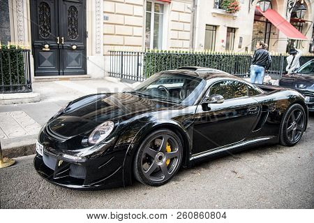 Paris, France - September 26, 23, 2017: Luxury Supercar Porsche Ruf Ctr3 Clubsport Black Color Parke