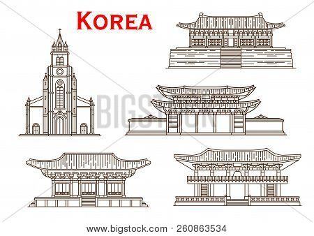 Korea Famous Historic Architecture Buildings And Temples. Vector Thin Line Facades Of Haeinsa, Chang