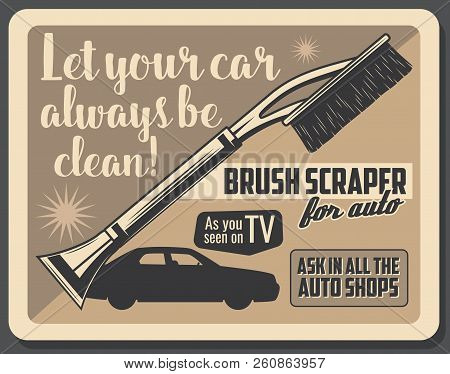 Car Accessory Advertisement Poster For Tv Shop Windshield Brush And Glass Scraper. Vector Vintage De