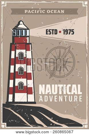 Lighthouse Retro Poster With Navigation Compass Or Wind Rose. Vector Nautical Or Marine Vintage Desi