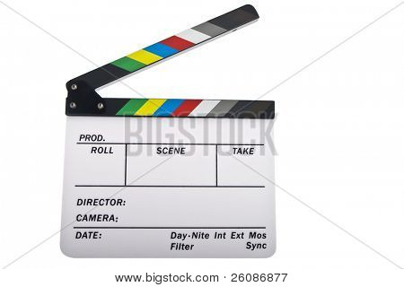 Clapboard เปิดใหม่แยกต่างหากบนพื้นสีขาว