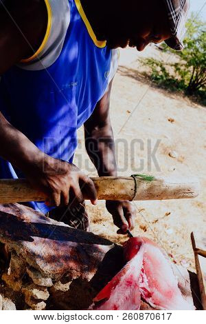 Vila Do Maio ,maio Island, Cape Verde - Jan 5 2016: Local Fisherman Cleaning The Catch In The Shade 