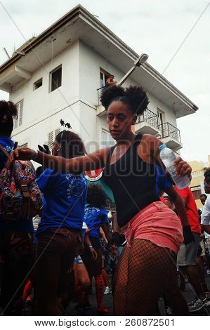 Mindelo, Sao Vicente Island, Cape Verde - Jan 5 2016: Young Girl Dances During The Street Carnival