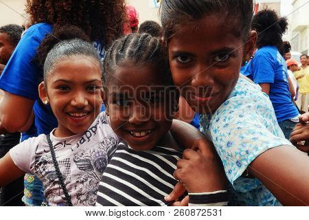 Mindelo, Sao Vicente Island, Cape Verde - Jan 5 2016: Cute Young Girls Enjoying The Festival On The 