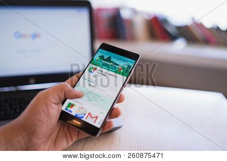 Chiang Mai, Thailand - June 03,2018: Man Holding Huawei With Google Maps On The Screen.google Maps I