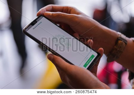 Chiang Mai, Thailand - July 14,2018: Man Holding Oneplus 6 With Whatsapp Messenger On The Screen.wha